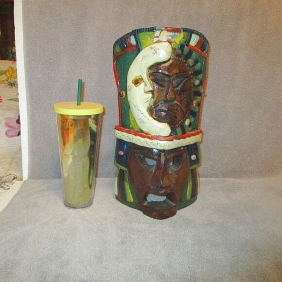 Vtg SUN & MOON Carved Wood TOTEM Native MASK Tiki GEMSTONES Chakra TRIBAL Aztec - Picture 12 of 12